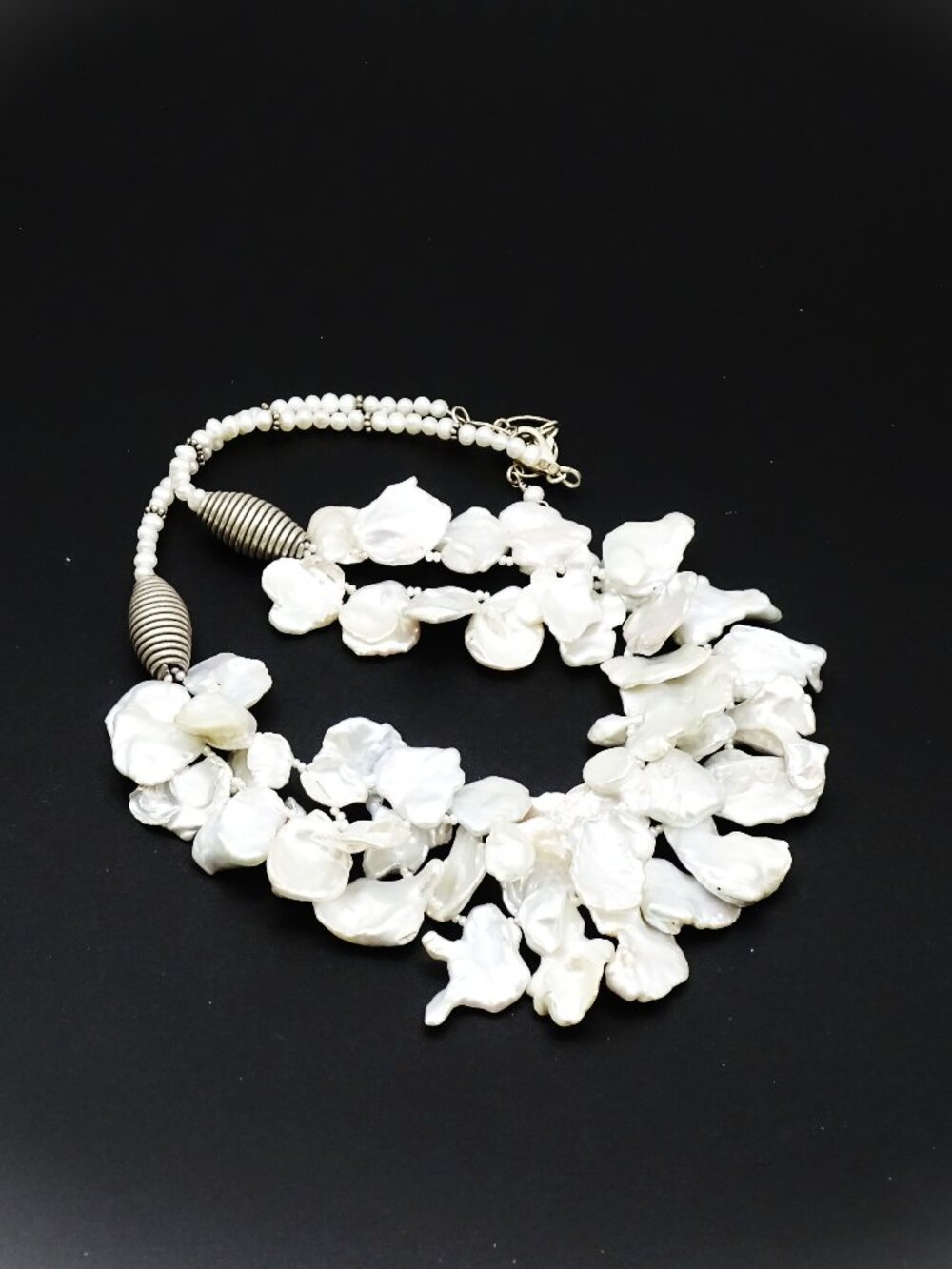 VINTAGE Sterling Silver White Keshi Petal Shape Pearls Two Row Necklace